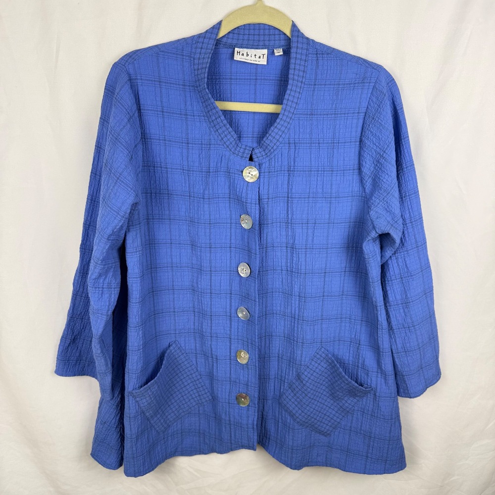 Habitat Blue Button Front Crinkle Fabric Top Shirt Medium Light Jacket Lagenlook